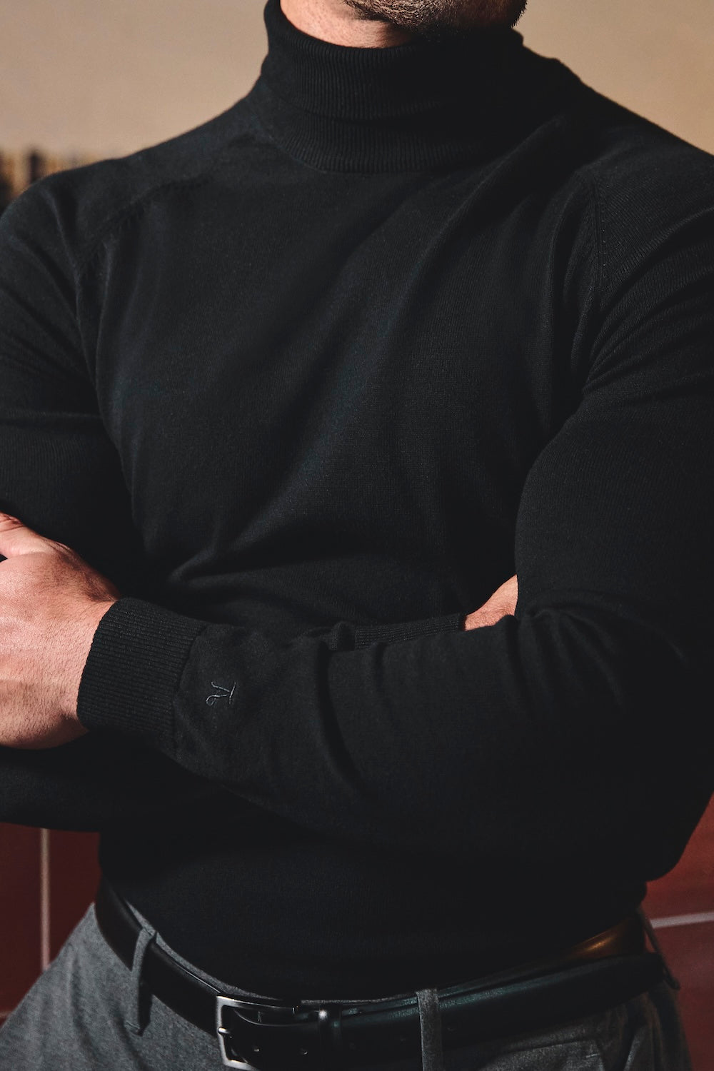 Cotton Blend Roll Neck Sweater in Black