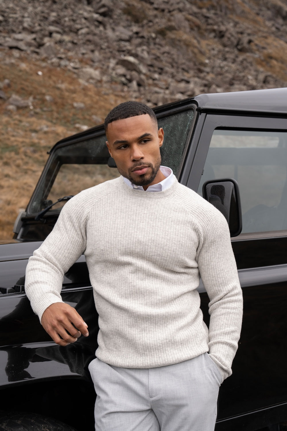 Fisherman Crew Neck Sweater in Soft Grey