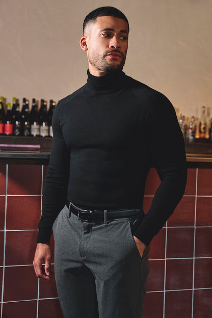 Cotton Blend Roll Neck Sweater in Black