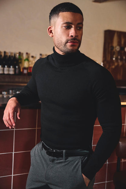 Cotton Blend Roll Neck Sweater in Black