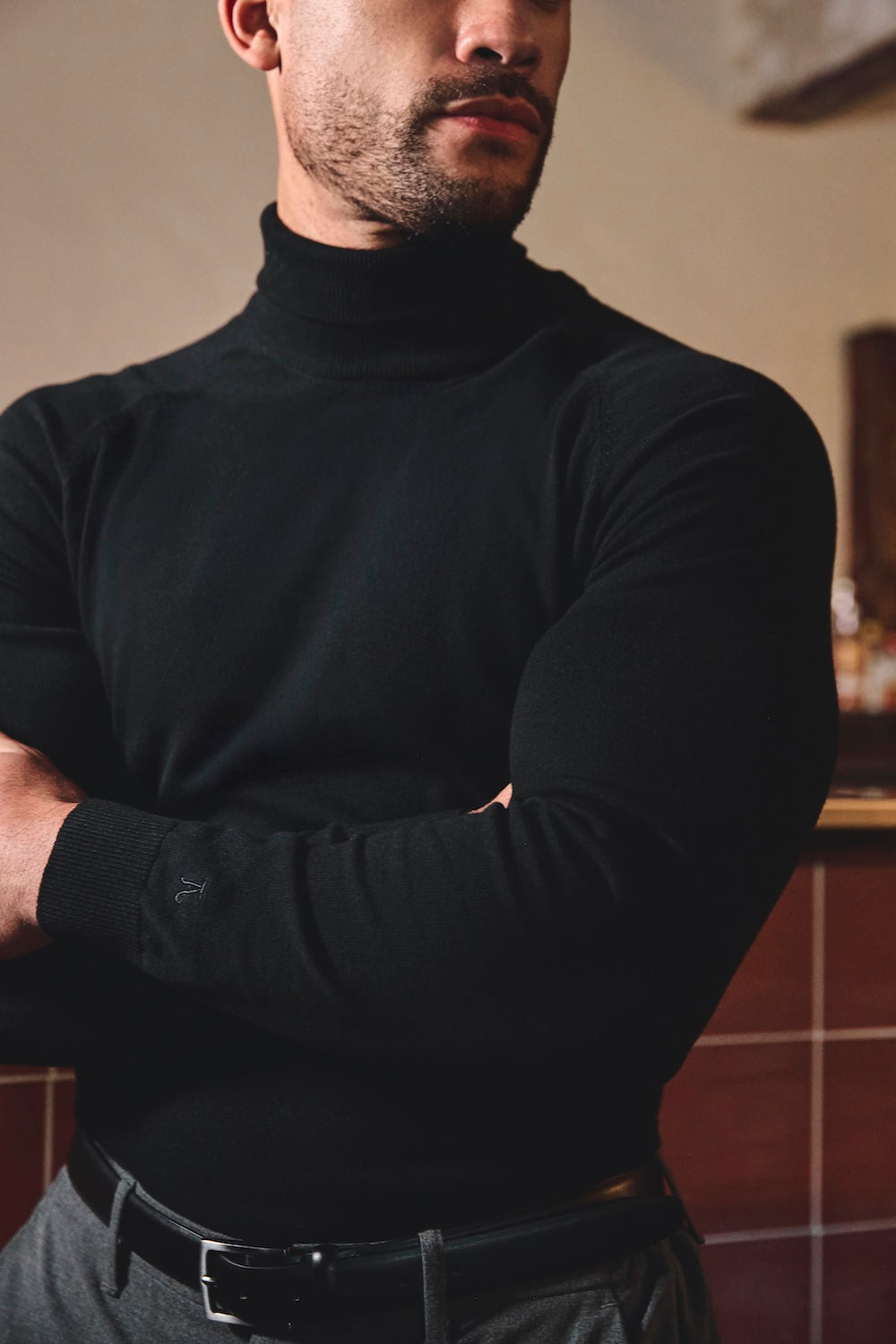 Cotton Blend Roll Neck Sweater in Black
