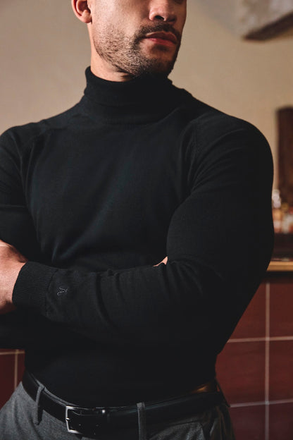 Cotton Blend Roll Neck Sweater in Black
