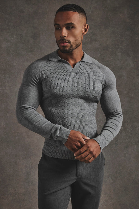 Fine Cable Knitted Polo Shirt in Grey Marl