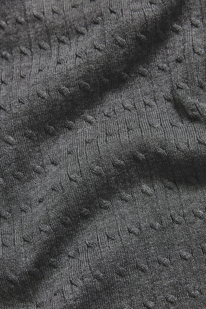 Fine Cable Knitted Polo Shirt in Grey Marl