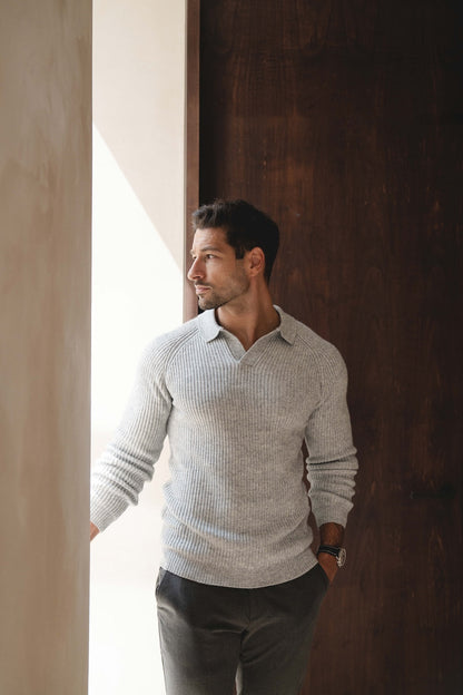 Fisherman Rib Open Collar Polo Shirt in Soft Grey Marl