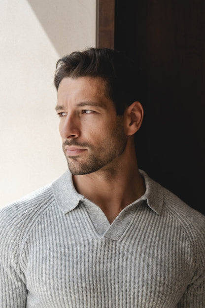 Fisherman Rib Open Collar Polo Shirt in Soft Grey Marl