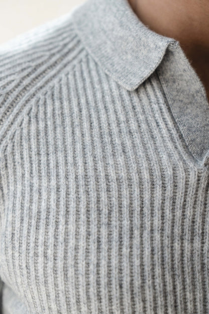 Fisherman Rib Open Collar Polo Shirt in Soft Grey Marl