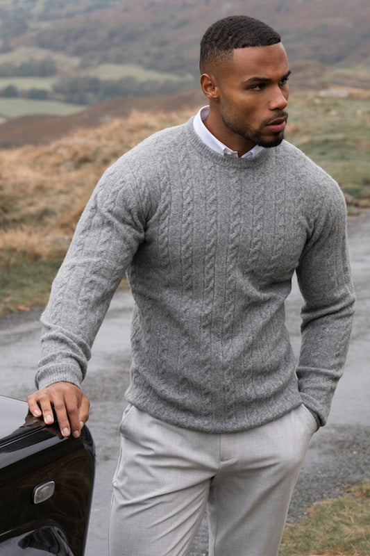 Soft Cable Crew Neck Sweater in Mid Grey